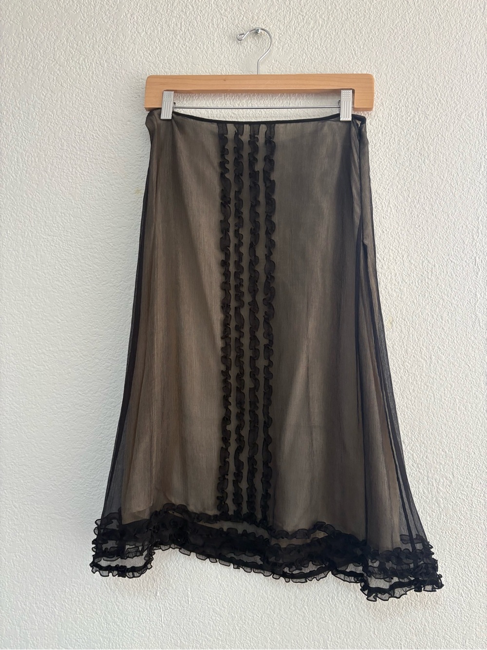 Saja Black Sheer A-Line Skirt with Vertical Ruffle Panels